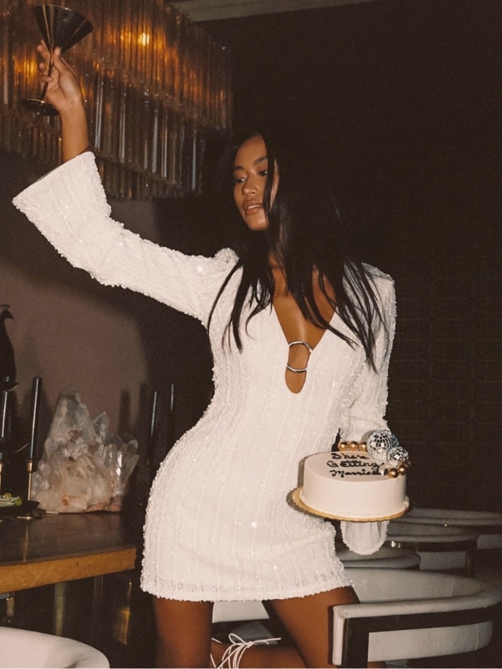 12th Tribe White Sequin Long-Sleeve Mini Dress with Ring Detail